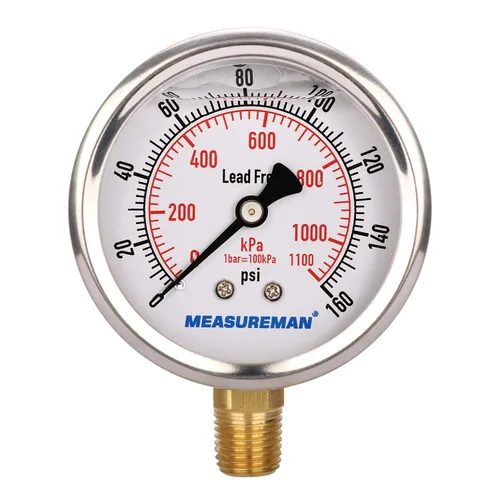 Miniatura 21 de MEASUREMAN - Manómetro de presión 1/4 NPT, manómetro de presión lleno de glicerina 0-100psi/kPa con esfera de 2.5 pulgadas y caja de acero