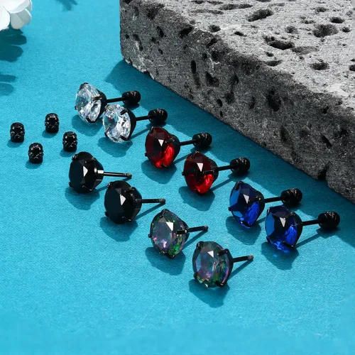 Miniatura 40 de CASSIECA 5 pares de aretes de acero inoxidable con circonita cúbica 5A arcoíris para mujeres y hombres, con diseño de arco iris 5A