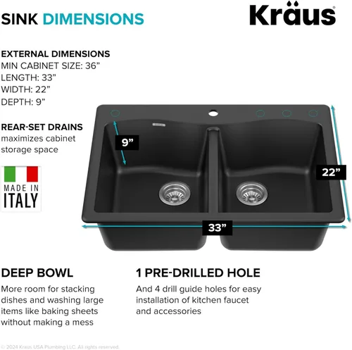 Miniatura 4 de Kraus Forteza - Fregadero de cocina de doble seno 50/50 de granito de instalación empotrada/sobre encimera, 33 pulgadas, color negro (KGD-52BLACK)