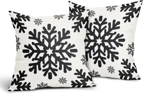 Miniatura 2 de Fundas de almohada decorativas de Navidad negras 40x40 cm con copos de nieve blancos de Navidad, juego de 2, temática rústica de invierno