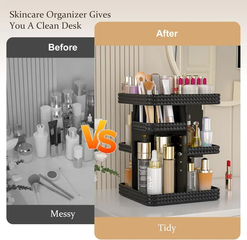 Miniatura 3 de Organizador de maquillaje giratorio con soporte para brochas de maquillaje, organizador de perfumes de gran capacidad para encimera de tocador, Negro