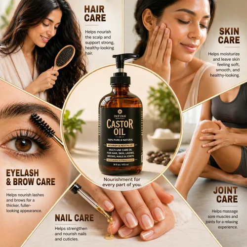 Miniatura 2 de INFINA ESSENTIALS Aceite de ricino puro prensado en frío, sin hexano, botella de vidrio para el crecimiento del cabello, cara, cuero cabelludo, piel