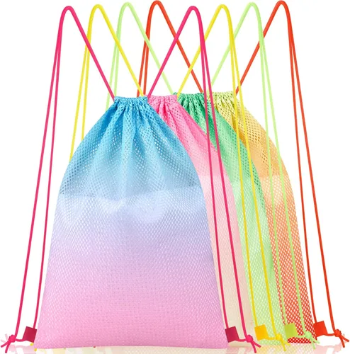 Sweetude Mochila de malla con cordón de 4 piezas, bolsas de malla colorida con cordón, bolsa de playa para natación, gimnasio, mochila ligera de