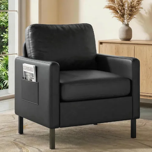 AODAILIHB Silla decorativa de cuero negro, sillas decorativas modernas con brazos, silla pequeña con 2 bolsillos, cojín grueso, cómodo sofá