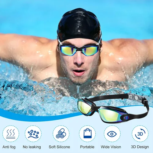 Miniatura 4 de Flutesan Paquete de 6 gafas de natación para adultos, antiniebla, con tapones para los oídos, clip para la nariz, sin fugas, protección completa