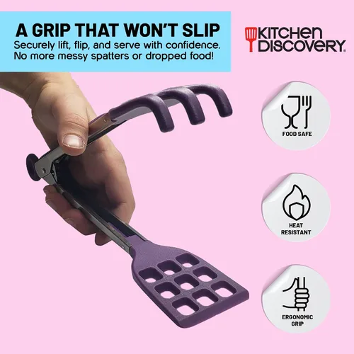 Miniatura 2 de Kitchen Discovery Pinzas de metal con dientes para asar a la parrilla, cocinar y servir antideslizantes, pinzas para hielo y pasta, agarran