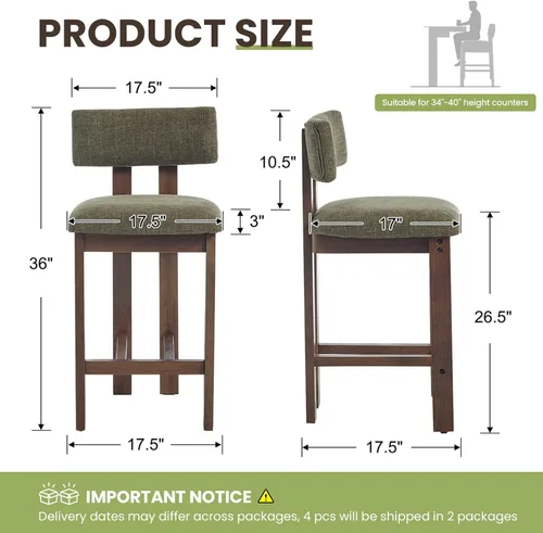 Miniatura 2 de DUOMAY 26 Inch Modern Bar Stools Set of 2, Linen Farmhouse Counter Stools Wooden Barstools, Green Upholstered Counter Height Bar Stools with Curved