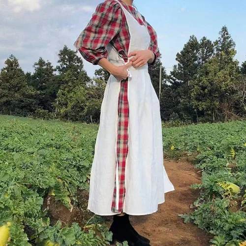 Miniatura 2 de Vestido estilo pinafore de algodón con cuello en V y cuello en V para mujeres y niñas
