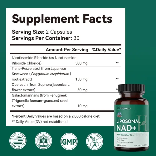 Miniatura 8 de Suplemento liposomal de NAD con resveratrol, NAD+ Irans-resveratrol avanzado, ribósido de nicotinamida, quercetina, salud cardíaca, envejecimiento