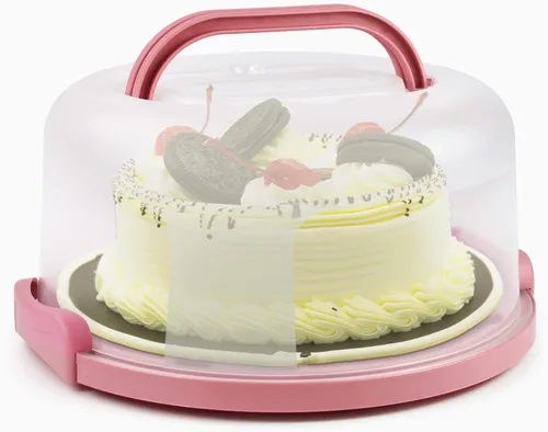 Miniatura 3 de Zoofen - Porta pasteles de plástico con asa de 10 pulgadas, soporte para tartas con tapa, contenedor de pastel rosa para tartas redondo de 10