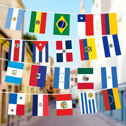 G128 Bandera de América Latina con los 20 países | Bandera de 12 x 18 pulgadas, cuerda completa de 30 pies | Poliéster 150D impreso, decoraciones