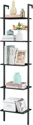 Miniatura 8 de Tajsoon Estante de escalera de 5 niveles con luz, estante de madera para libros montado en la pared, estantería de escalera con marco de metal