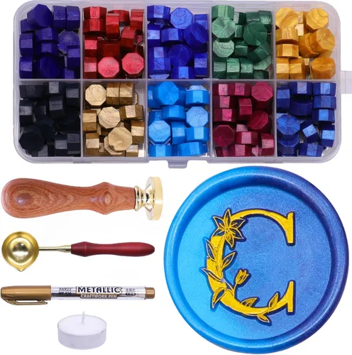 SWANGSA Kit de sello de cera con letra inicial del alfabeto C, elegante sello de sellado de letras florales botánicas con 200 cuentas de cera de