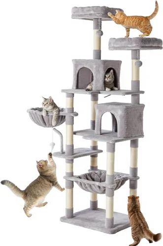 Miniatura 10 de DUMOS Torre grande de árbol para gatos de 66 pulgadas, torre alta de escalada para gatos de varios niveles con postes rascadores de sisal natural