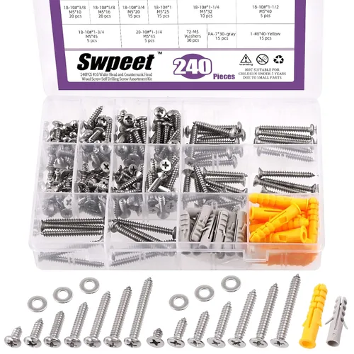Miniatura 10 de Swpeet 240 piezas #8 x 3/8 pulgadas 5/8 pulgadas 3/8 pulgadas 3/8 pulgadas 3/8 pulgadas 5/8 pulgadas 3/8 pulgadas 304 tornillos de cabeza plana