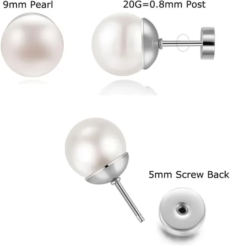 Miniatura 8 de Pearl Stud Earrings for Women,Flat Screw Back Pearl Helix Earrings Cartilage Earrings 316L Surgical Steel Piercing Jewelry Gift(7,8,9,10mm Pearl)