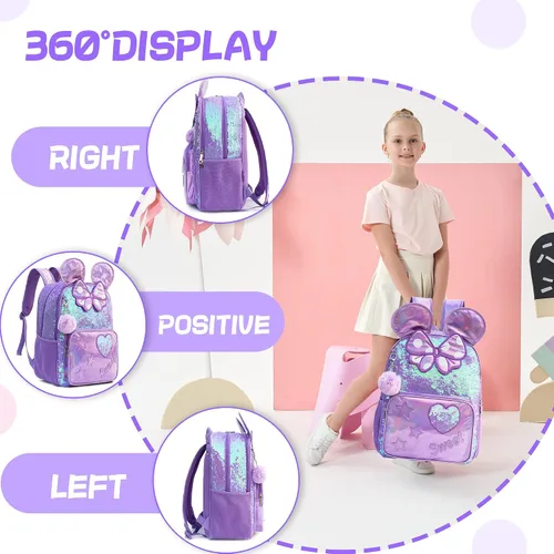 Miniatura 27 de Mochila para niñas de 16 pulgadas, mochilas para niñas para la escuela, mochila de lentejuelas con lonchera para estudiantes de primaria
