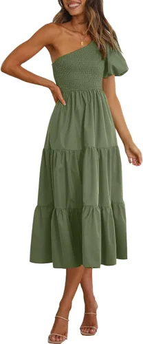 Miniatura 8 de Chriselda Vestido casual de manga corta con un hombro fruncido para mujer, cintura alta, con volantes, vestido midi para fiesta