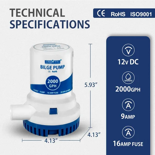 Miniatura 6 de WASSERMANN Bomba de sentina de 2000 GPH de 12 V, bombas de agua de sentina sumergibles marinas de servicio pesado para barcos con cable