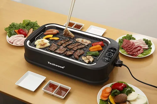 Miniatura 9 de Techwood - Parrilla eléctrica para interiores sin humo, parrilla de barbacoa coreana con tapa de vidrio, tecnología de extractor de humo turbo, Negro