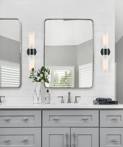 Miniatura 4 de DAYCENT Modernas luces negras para tocador de baño, aplique de pared de vidrio esmerilado de 2 luces, apliques cilíndricos negros mate, iluminación