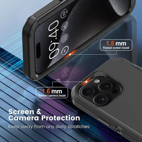 Miniatura 3 de Funda para iPhone 15 Pro Max con 2 protectores de pantalla, protección contra caídas a prueba de golpes, cuerpo completo, resistente, 3 capas, Negro