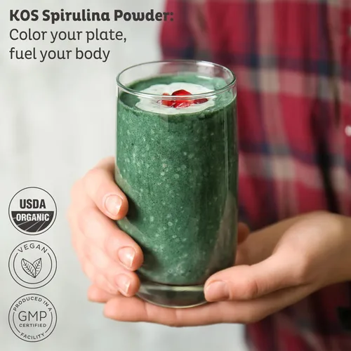 Miniatura 2 de KOS Polvo de espirulina orgánica – Certificado orgánico por USDA, 109 porciones de superalimento en polvo para batidos y jugos, algas azules verdes