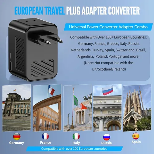 Miniatura 3 de Convertidor de voltaje de 220 V a 110 V de EE. UU. a Europa, adaptador de viaje convertidor de enchufe para Europa con 20 W PD y 2USB-A y 2USB-C