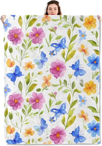 Miniatura 12 de Manta ligera de pájaros y mariposas, regalos para amantes de la naturaleza, manta de franela con rosa colorida y hortensias impresas para sofá