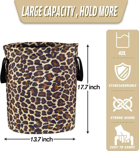 Miniatura 2 de Cesta de lavandería plegable de tela Oxford con diseño de leopardo marrón, bolsa de lona divertida, organizador de almacenamiento de ropa, cubo
