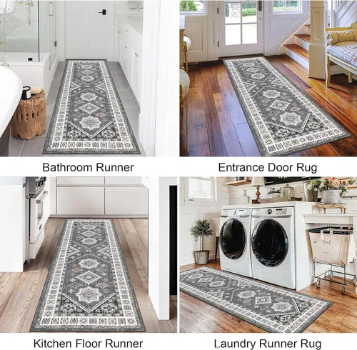 Miniatura 5 de HEBE - Alfombra de pasillo de 2 x 6 pies, antideslizante, lavable, estilo bohemio, para pasillo, alfombra vintage para cocina, entrada, baño, Gris