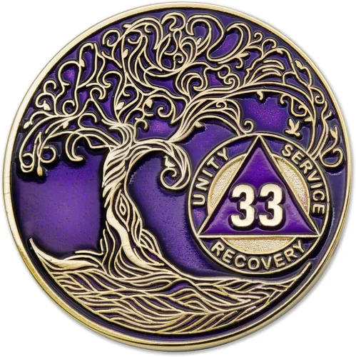 Miniatura 31 de 20 Year Sobriety Mint Twisted Tree of Life - Medallón de recuperación AA chapado en oro, fichas y fichas, color negro