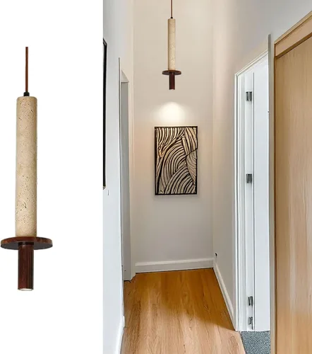 Lámpara Colgante Minimalista, Estilo Nórdico con Pantalla Efecto Piedra Natural y Madera Sólida, Lámpara de Techo Ajustable para Cabecera de Negro