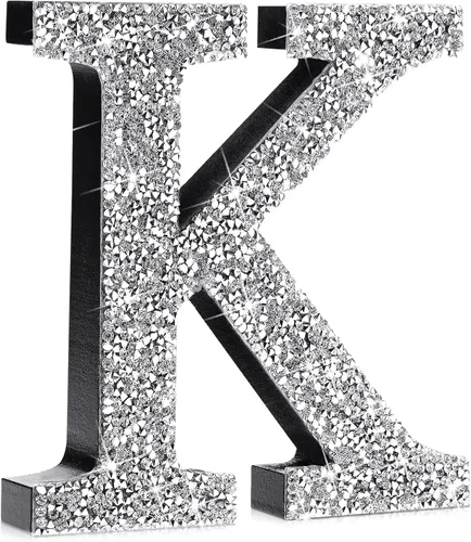 Miniatura 44 de Qunclay Letras brillantes de cristal plateado de 5.7 pulgadas, decoración de diamantes triturados, letra de madera con purpurina con tornillo
