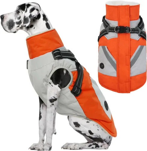 Miniatura 29 de IECOii Chaqueta para perro con arnés de invierno integrado, color negro, XXXL, abrigo de perro con cremallera, ropa de invierno para perros grandes