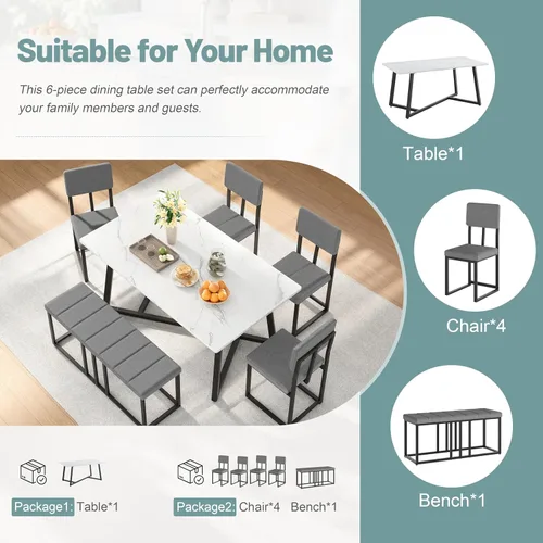 Miniatura 5 de HUGROVE Juego de mesa de comedor de 6 piezas, mesa rectangular de mármol sintético de 51.18 pulgadas con 4 sillas de comedor tapizadas de lino