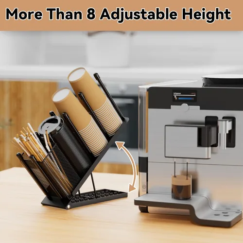 Miniatura 2 de OVICAR Soporte para tazas y tapas, organizador ajustable para tazas de café, dispensador de tazas desechables de 4 compartimentos, con cesta de Negro
