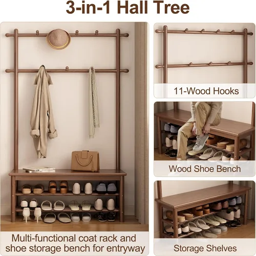 Miniatura 3 de AQIMUELE Perchero con almacenamiento de zapatos, árbol de pasillo de madera con banco, 11 ganchos y estantes de almacenamiento de 2 niveles, 3 en 1