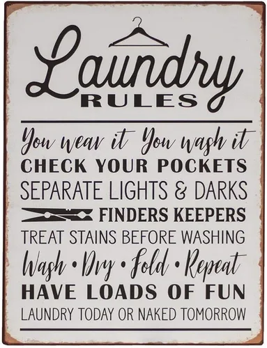 Letrero de metal vintage con reglas de lavandería para decoración de cuarto de servicio