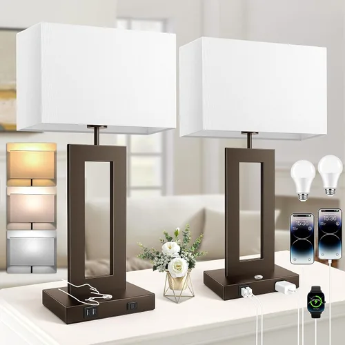 Miniatura 11 de Kondras Juego de 2 lámparas de mesa para dormitorios, 3 temperaturas de color, control táctil, lámparas de noche con 2 puertos USB y salida de CA