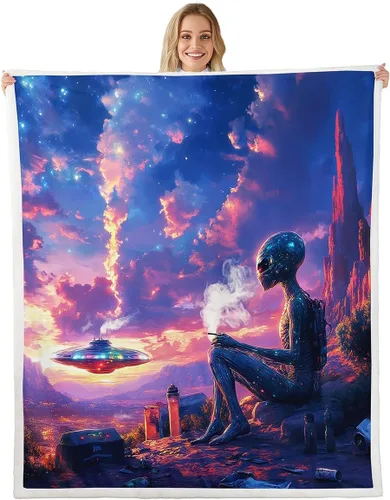 Miniatura 24 de Manta de franela de alienígena, misteriosa nave espacial estrellada con purpurina y planetas de cielo para decoración de habitaciones, manta