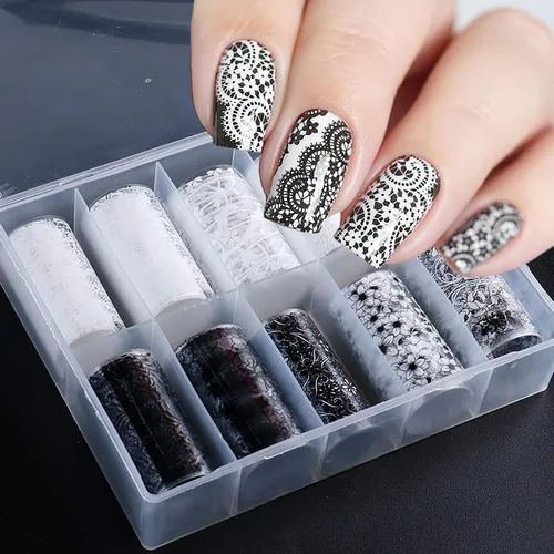 Miniatura 2 de 10 rollos de calcomanías de transferencia de papel de uñas de flores blancas y negras con patrón de flores de encaje pegatinas de transferencia