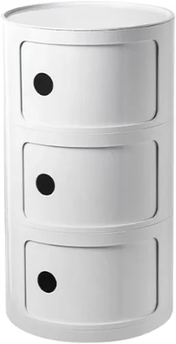 JITEM Mesita de noche redonda de plástico de 3 niveles con puerta corredera, moderna mesita de noche nórdica para dormitorio, color blanco