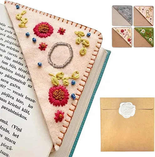 Miniatura 77 de Marcapáginas de esquina bordado a mano personalizado, 26 letras con costura a mano de fieltro, marcapáginas de esquina con bordado de flores lindo