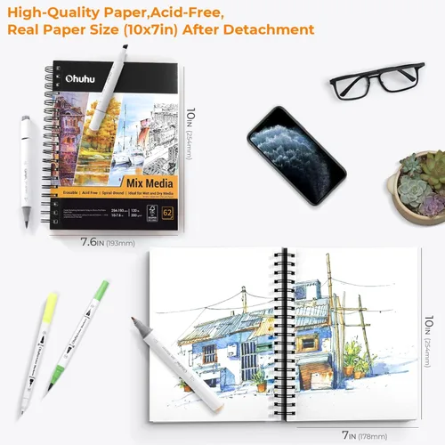 Miniatura 2 de Ohuhu Mix Media Pad, cuaderno de bocetos de arte mixto de 7 x 10 pulgadas, papel pesado de 120 lb/200 GSM, 62 hojas/124 páginas, cuaderno de papel