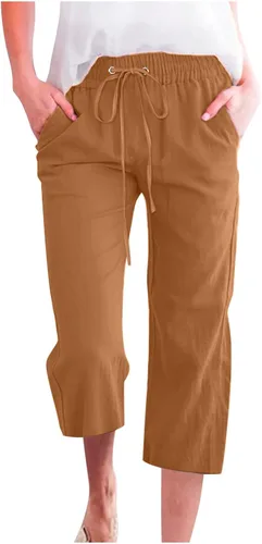 Miniatura 23 de Ceboyel Pantalones capri para mujer para verano, cintura elástica, pantalones de yoga, con cordón, pantalones de lino, pantalones de entrenamiento