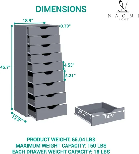 Miniatura 2 de Naomi Home Bianca - Cómoda alta y estrecha de 9 cajones, gabinete de almacenamiento compacto de 13.8 pulgadas de ancho gris con cajones