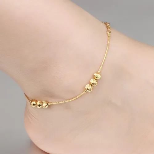 Miniatura 4 de Tobillera para mujer tono dorado de 18 quilates con cuentas de la suerte, cadena de hueso de serpiente, accesorio ajustable de 9.4in de largo