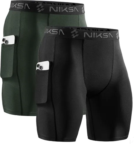 Miniatura 10 de Niksa Paquete de 2/4 pantalones cortos de compresión para hombre con bolsillo, pantalones cortos de elastano para correr, deportes, atletismo