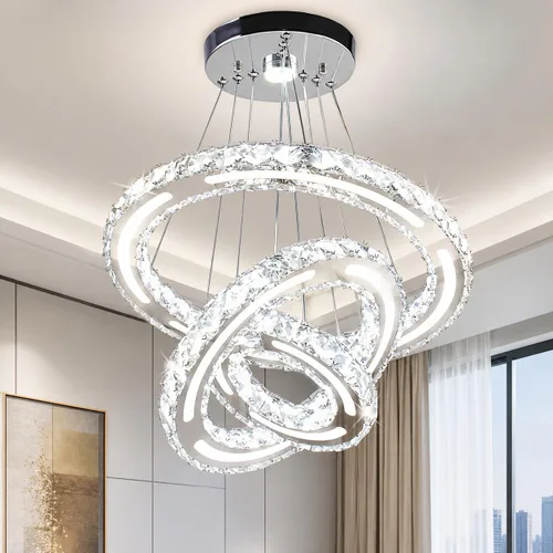 Lámparas de araña modernas de techo LED con 3 anillos, lámpara de araña ajustable de cristal, lámpara de techo colgante para sala de estar, comedor,